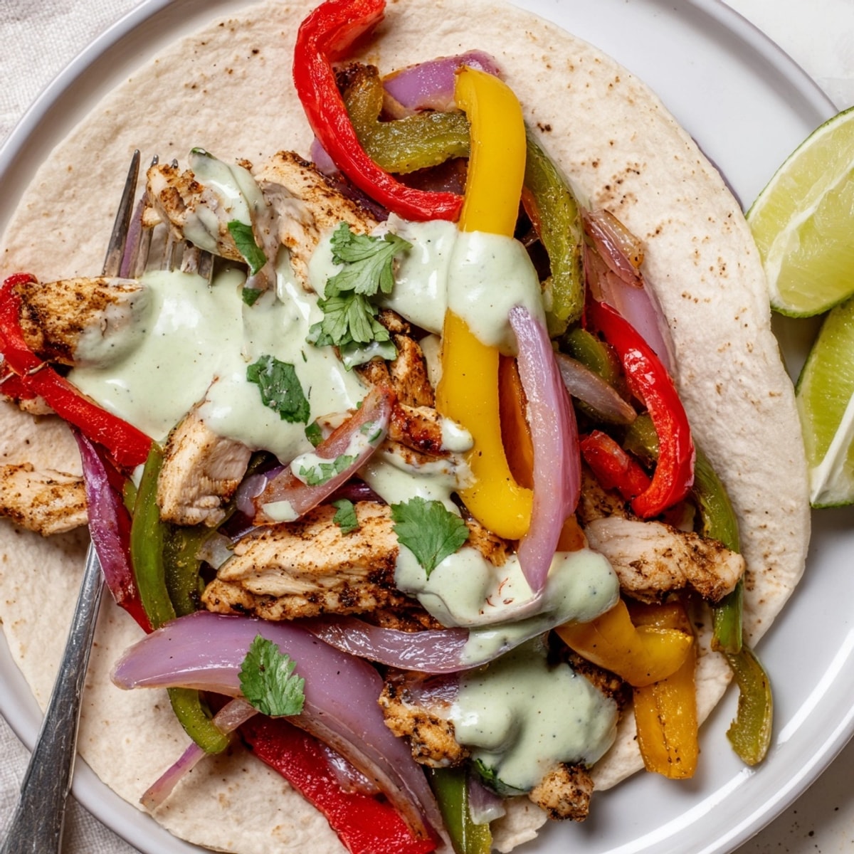 Skillet sizzling with colorful Chicken Fajitas and lime crema, ready to be spooned into warm tortillas.