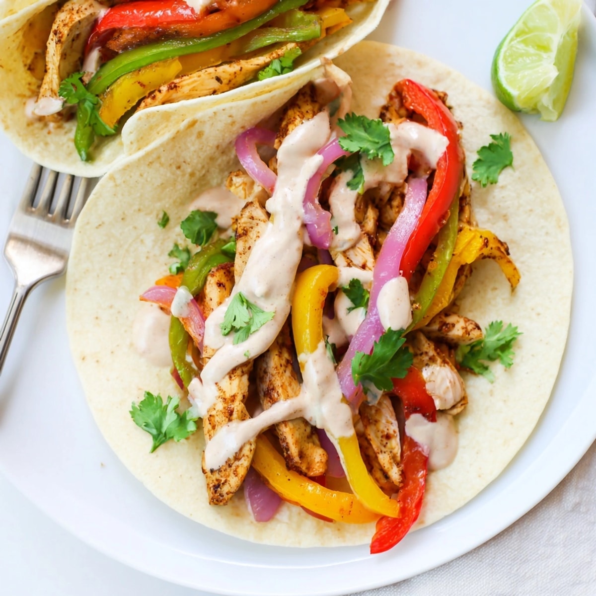 Close-up captures the vibrant textures of homemade Chicken Fajitas with a creamy lime drizzle.