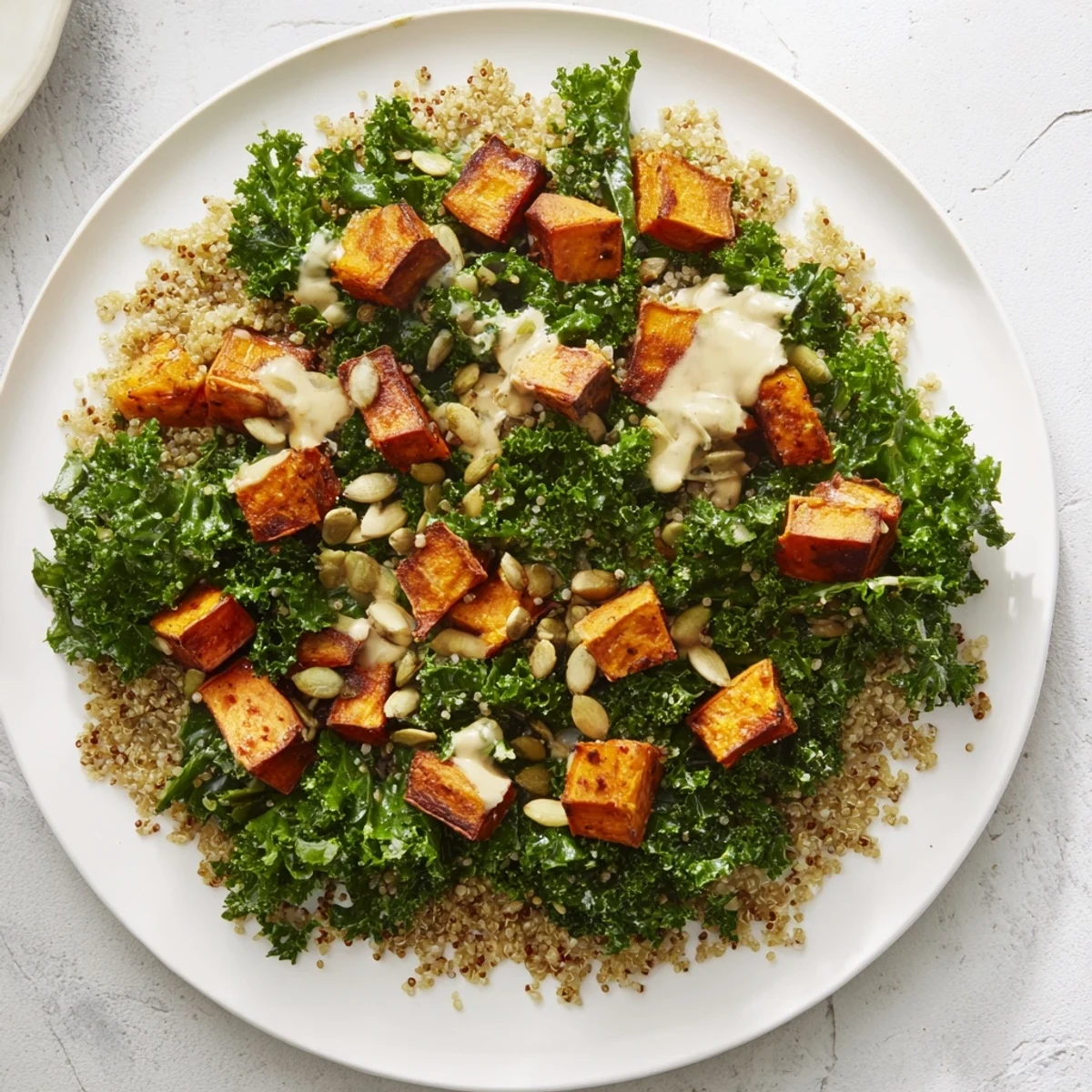 Light Coastal Bowl: a colorful plate of quinoa, sweet potatoes and kale with vibrant lemon-tahini dressing.