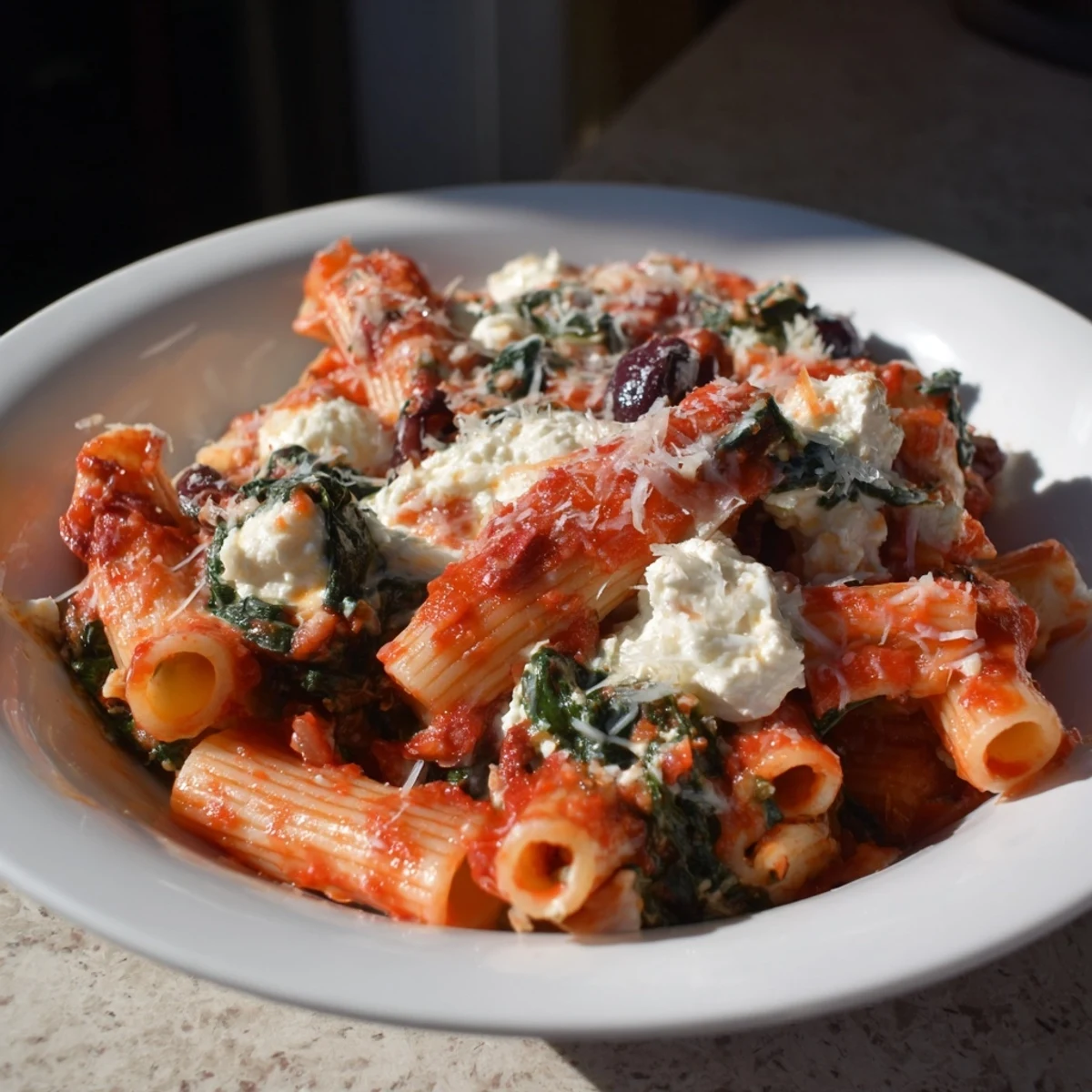 This Olive-Warm Baked Ziti showcases creamy ricotta, tender pasta, and a rich tomato sauce, ready to serve.