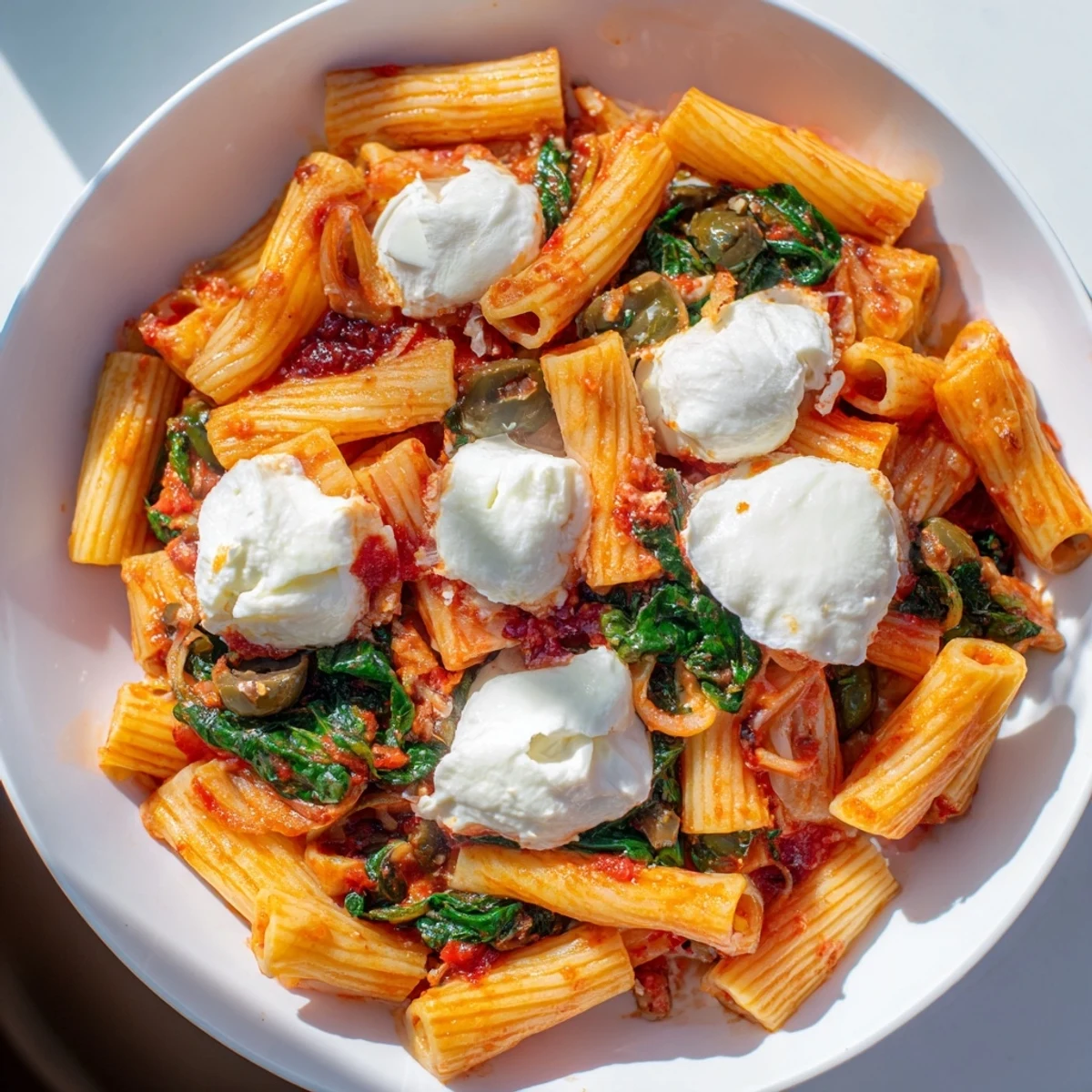Sizzling baked Ziti with melted cheese, brimming with spinach and olives for a comforting dinner.