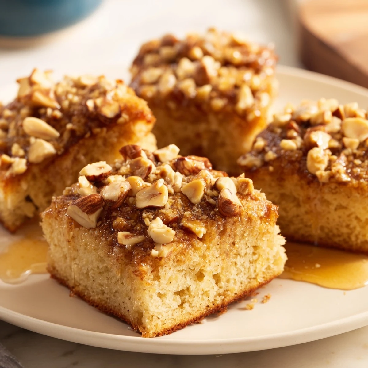 Golden light sweet Hazelnut and Honey Cake Squares, drizzled with honey, ready for your enjoyment.