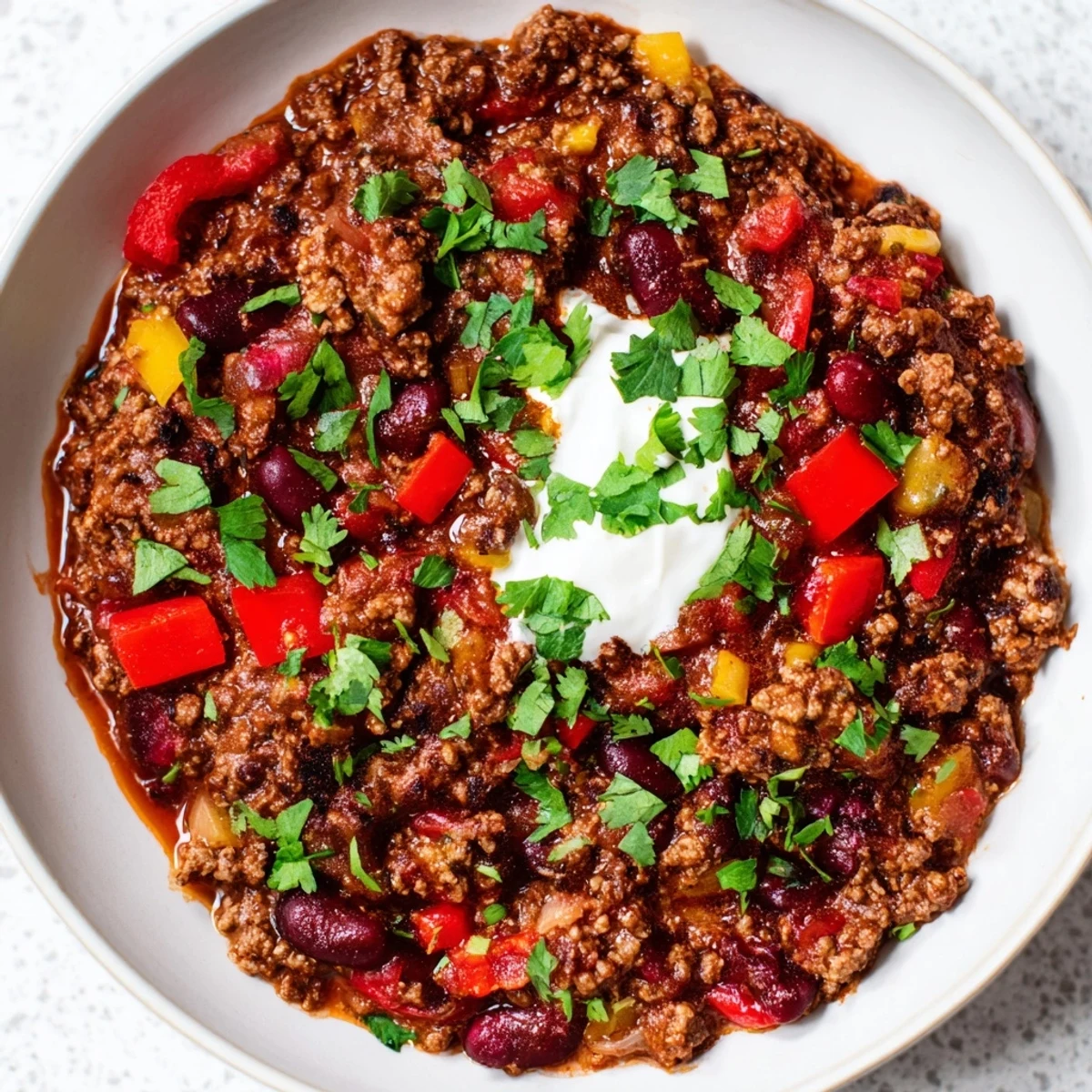 Steaming One-Pot Cozy Chocolate Chili, with a rich aroma, is topped with fresh cilantro.