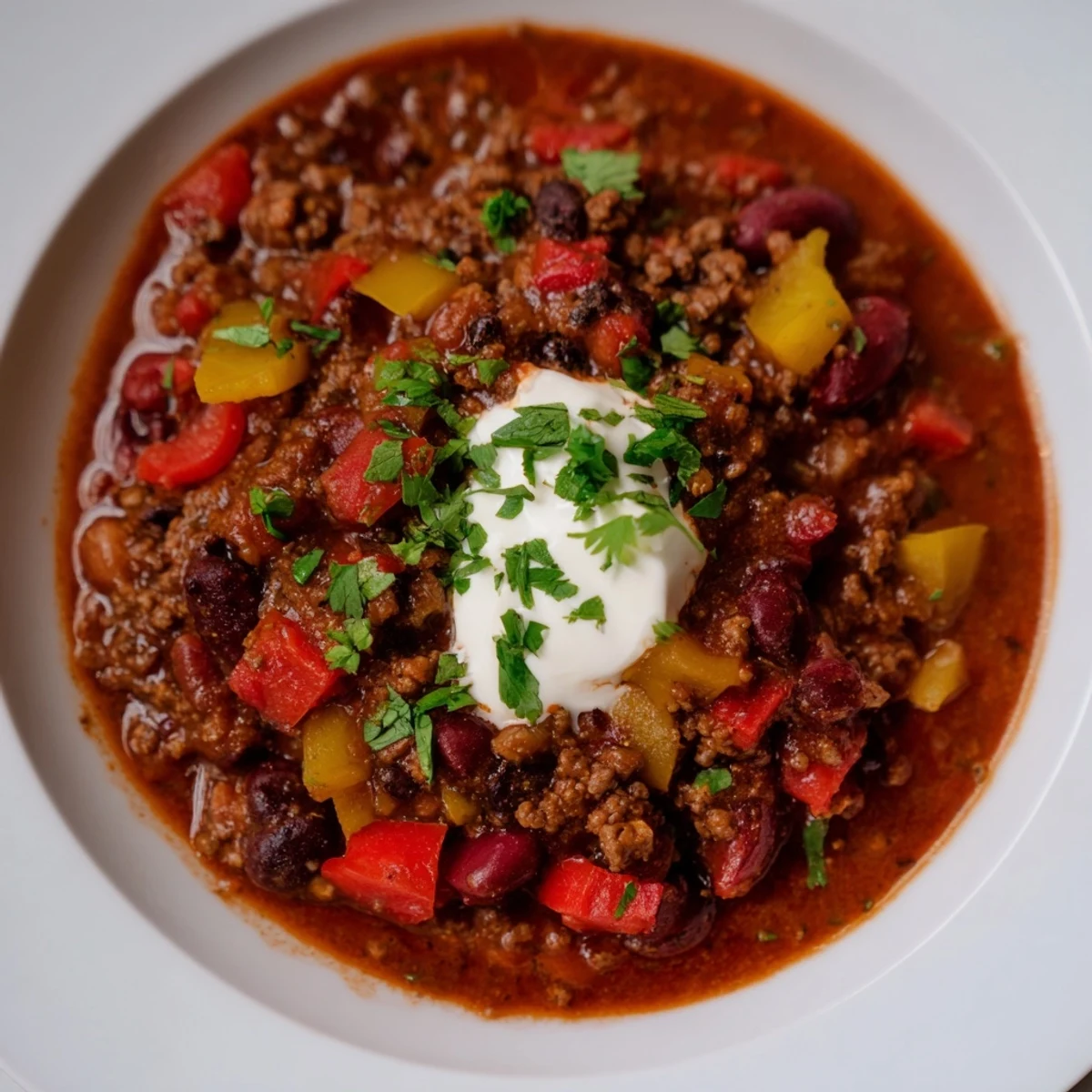 A close-up view of the hearty One-Pot Cozy Chocolate Chili, ready to be served hot.