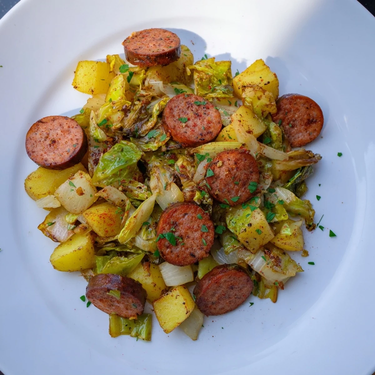 Golden-brown kielbasa and cabbage hash sizzling in a cast-iron skillet, a hearty Rustic Flint-Style meal.