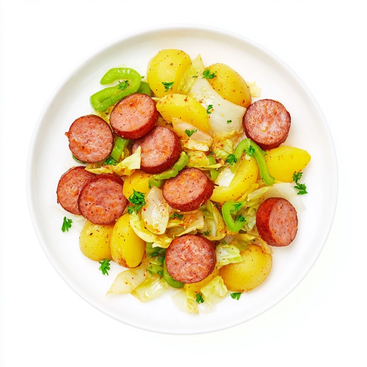 Steaming Rustic Flint-Style Kielbasa and Cabbage Hash served hot, garnished with fresh parsley, ready to eat.