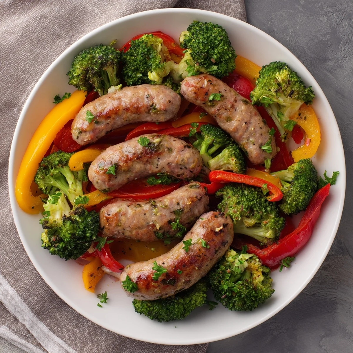 Sheet-pan sausage, broccoli, and peppers: roasted sausages with tender vegetables, ready to serve with lemon.