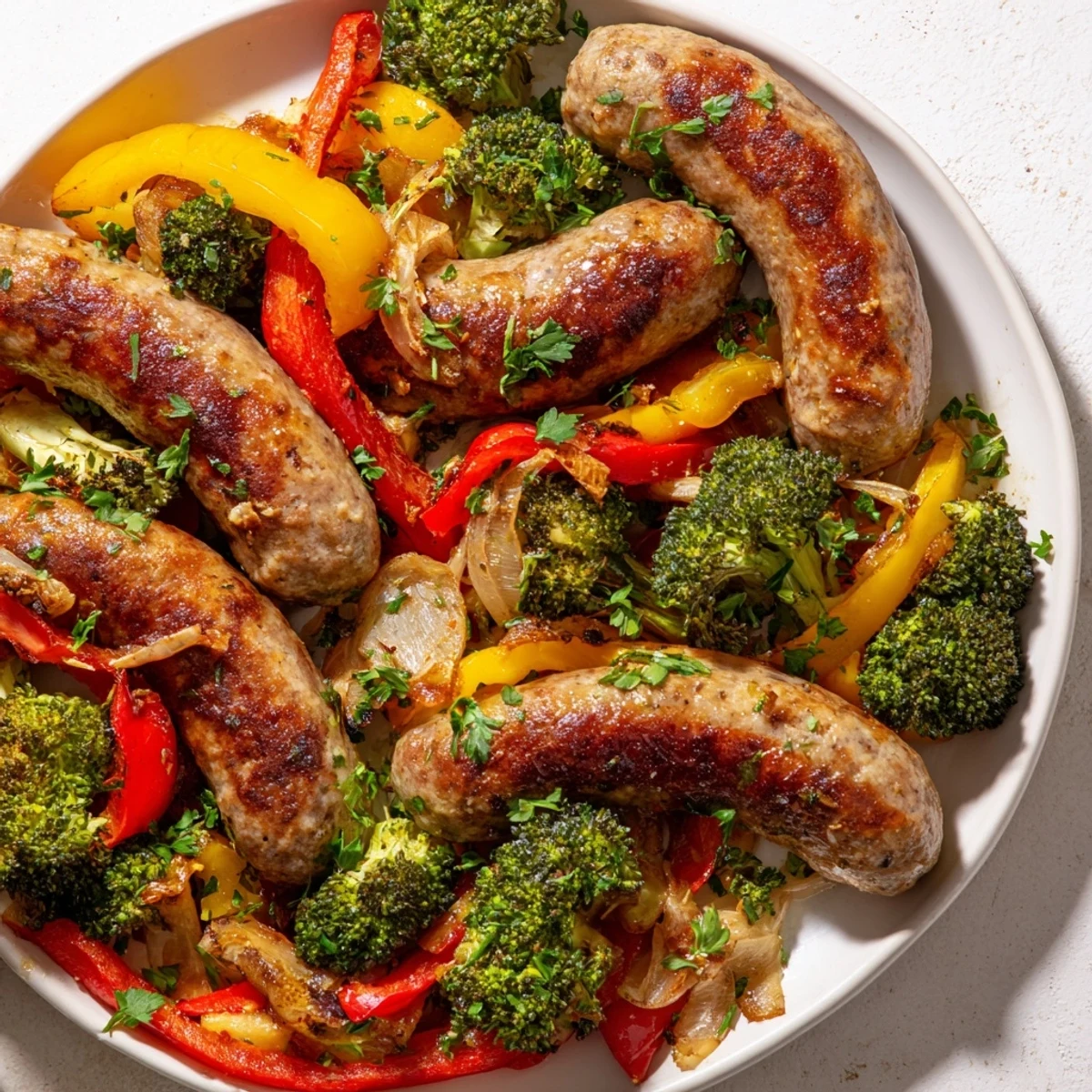 Enjoy a family-style shot of savory sheet-pan sausage with vibrant broccoli florets and roasted vegetables.