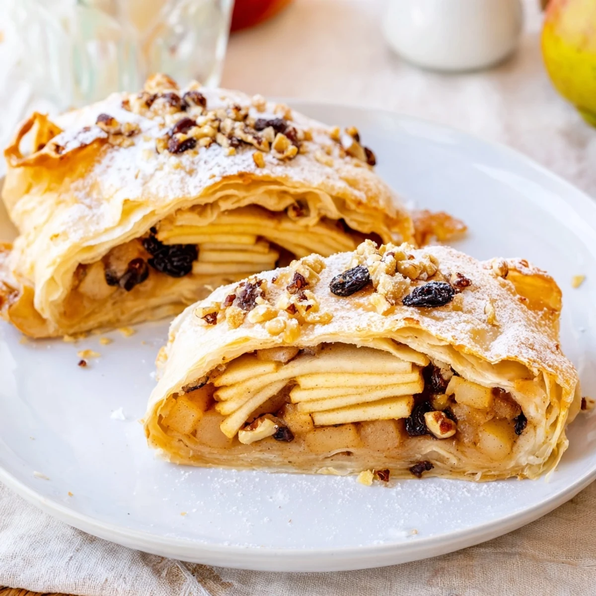 Golden-brown Apple Strudel with flakey layers showcases a warm, inviting dessert for any gathering.