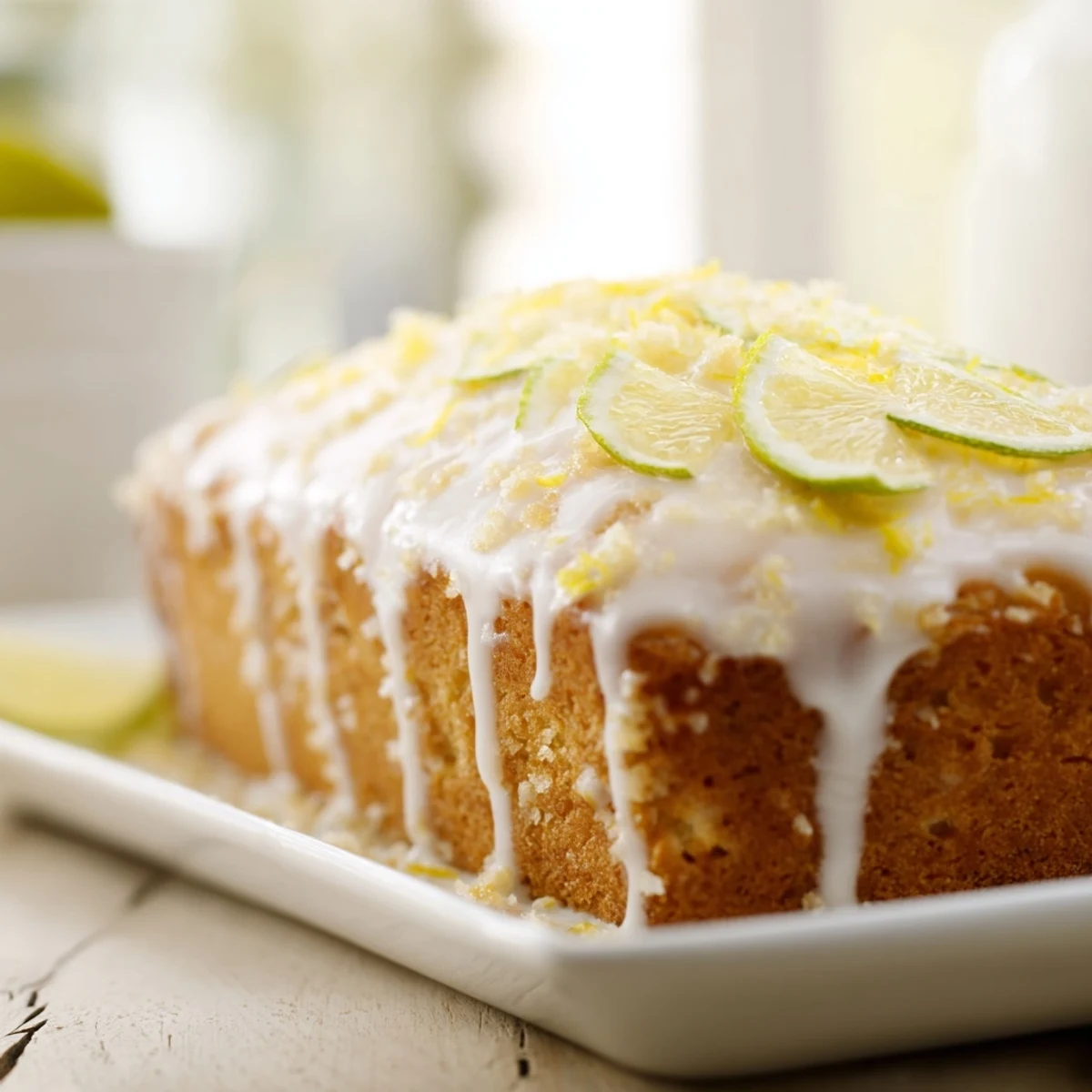 A beautifully sliced lemon loaf cake showcases a tender crumb and drizzled, zesty icing.