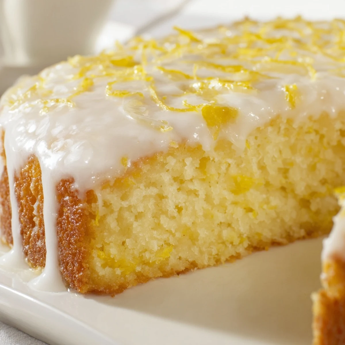 This close-up focuses on a fluffy lemon loaf, covered generously in sweet, glossy lemon icing.
