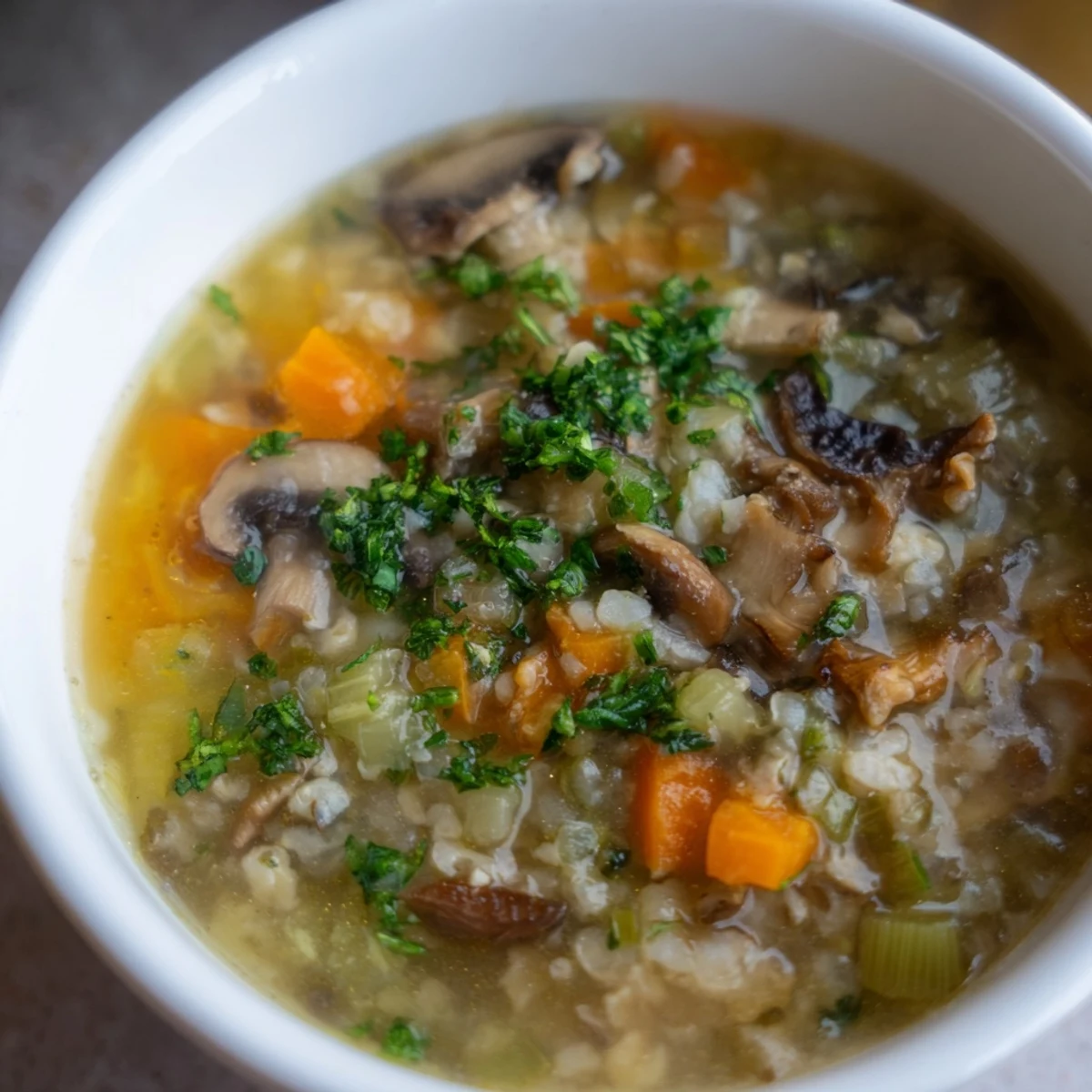Steaming bowl of Wild Mushroom and Barley Soup, garnished with fresh parsley; a comforting, rustic meal.