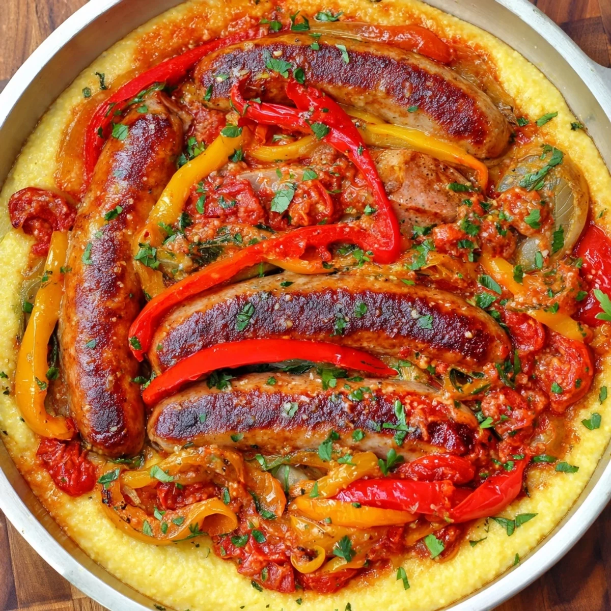 Sizzling Herb-Cozy Skillet Sausage and Peppers atop a bed of creamy, golden polenta, ready to eat.