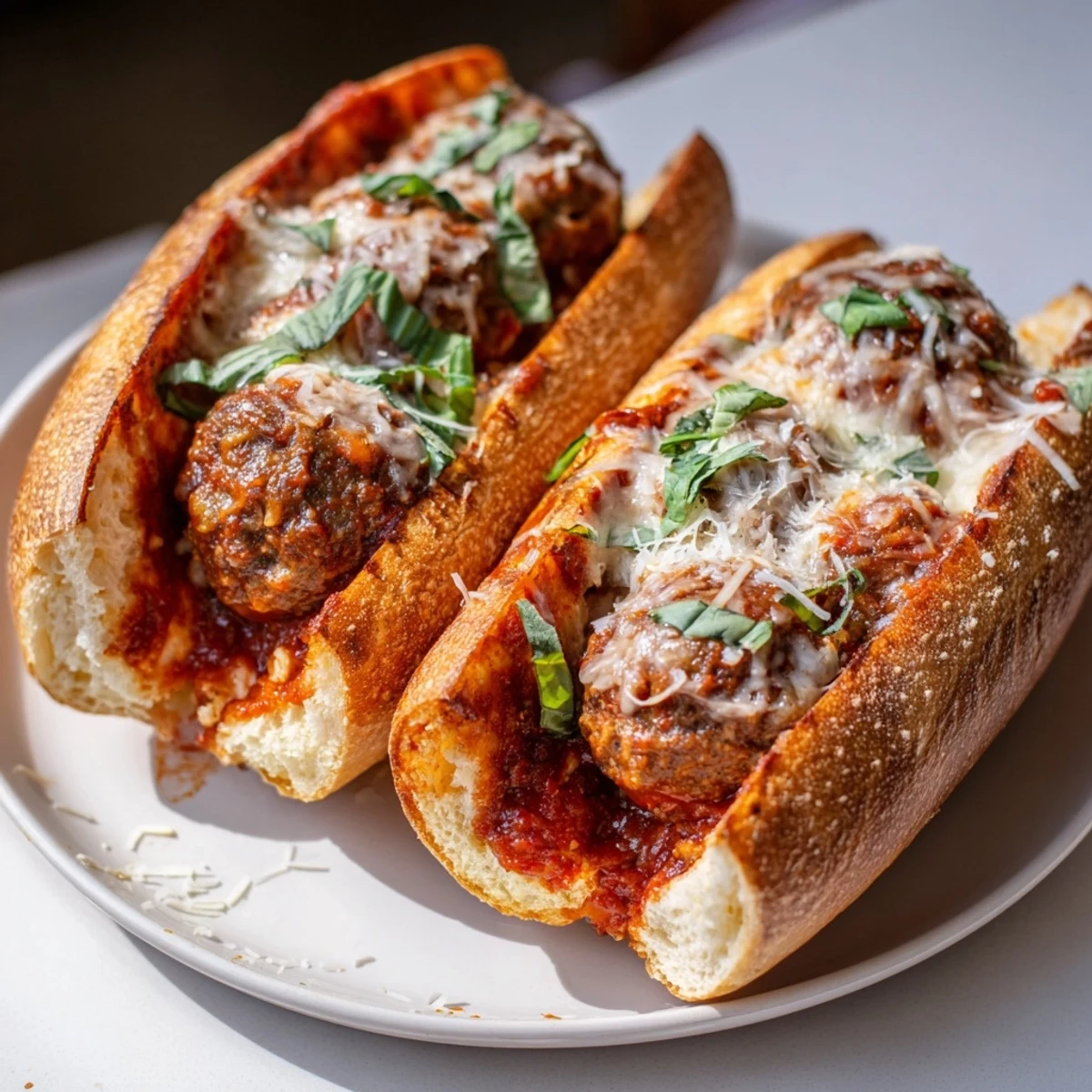 A close-up view of a Meatball Marinara Sub Sandwich, overflowing with cheesy goodness and savory sauce.