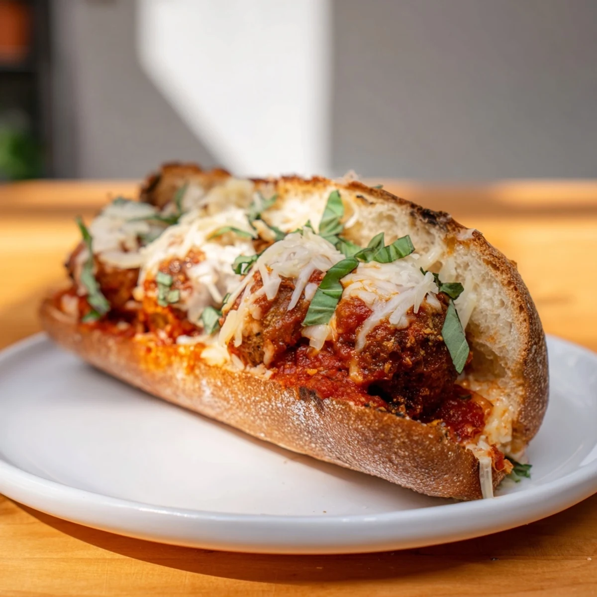Golden-brown, toasted sub rolls overflowing with a delicious, saucy Meatball Marinara Sub, ready to eat.