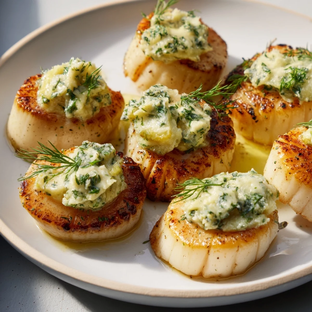 Perfectly cooked Harbor-Style Seared Scallops, with a rich, buttery sauce, ready for a delicious dinner.