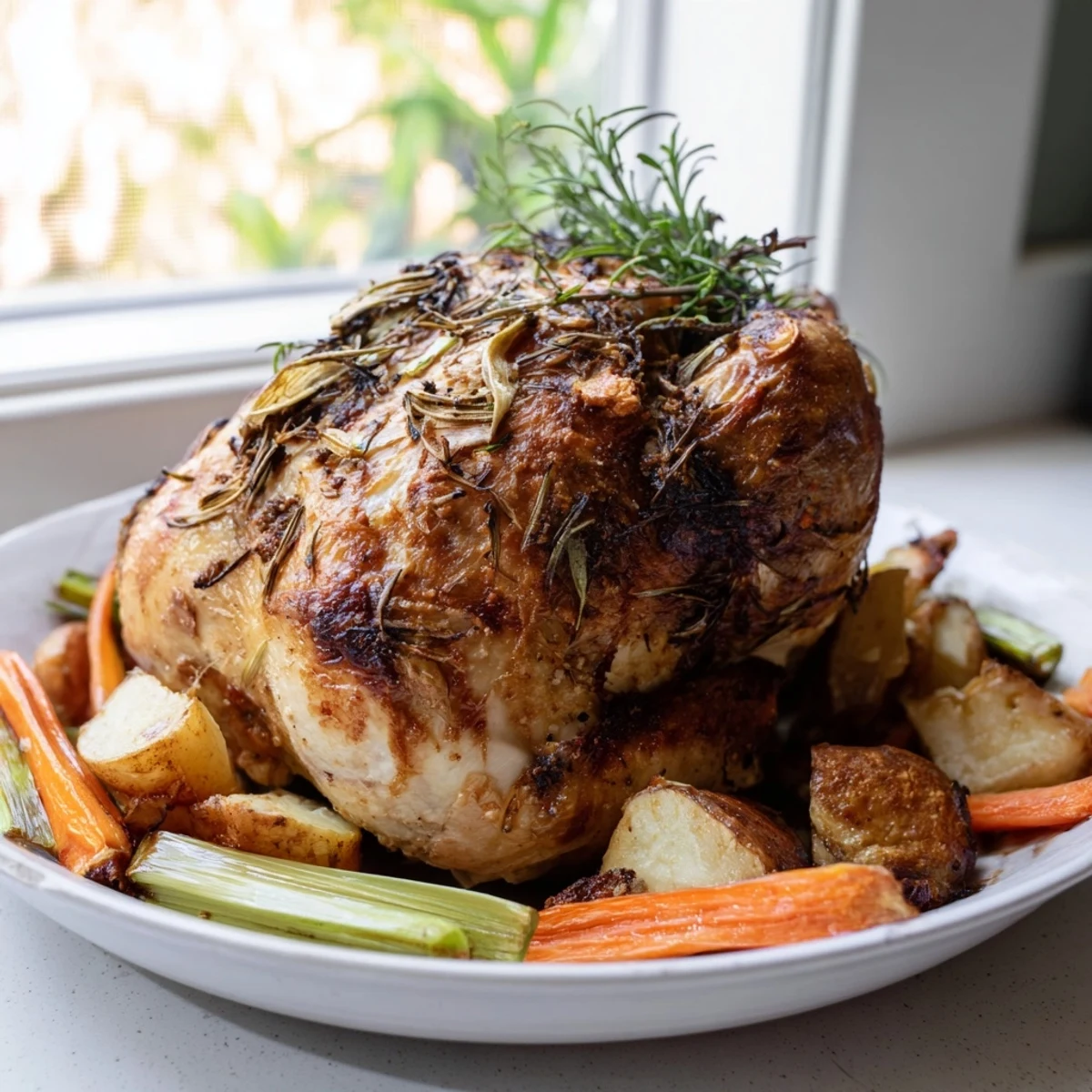 Tender Roast Chicken with Rosemary and Garlic seasoned inside and out, perfect for a cozy family meal.