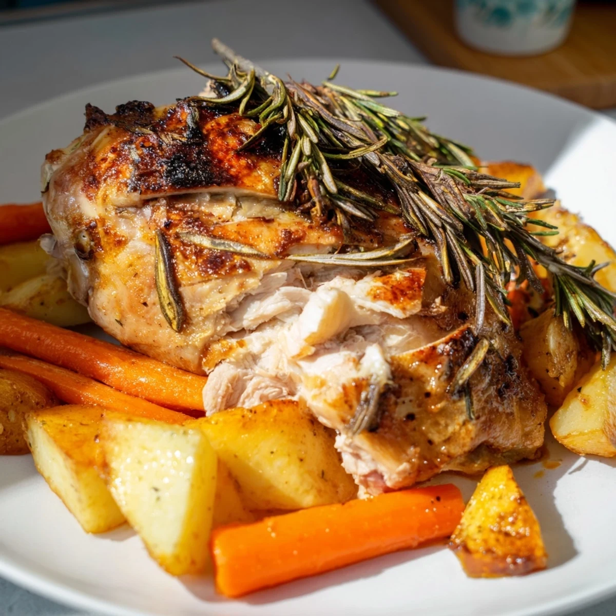 Golden, crispy-skinned Roast Chicken with Rosemary and Garlic resting atop roasted vegetables, ready to serve.