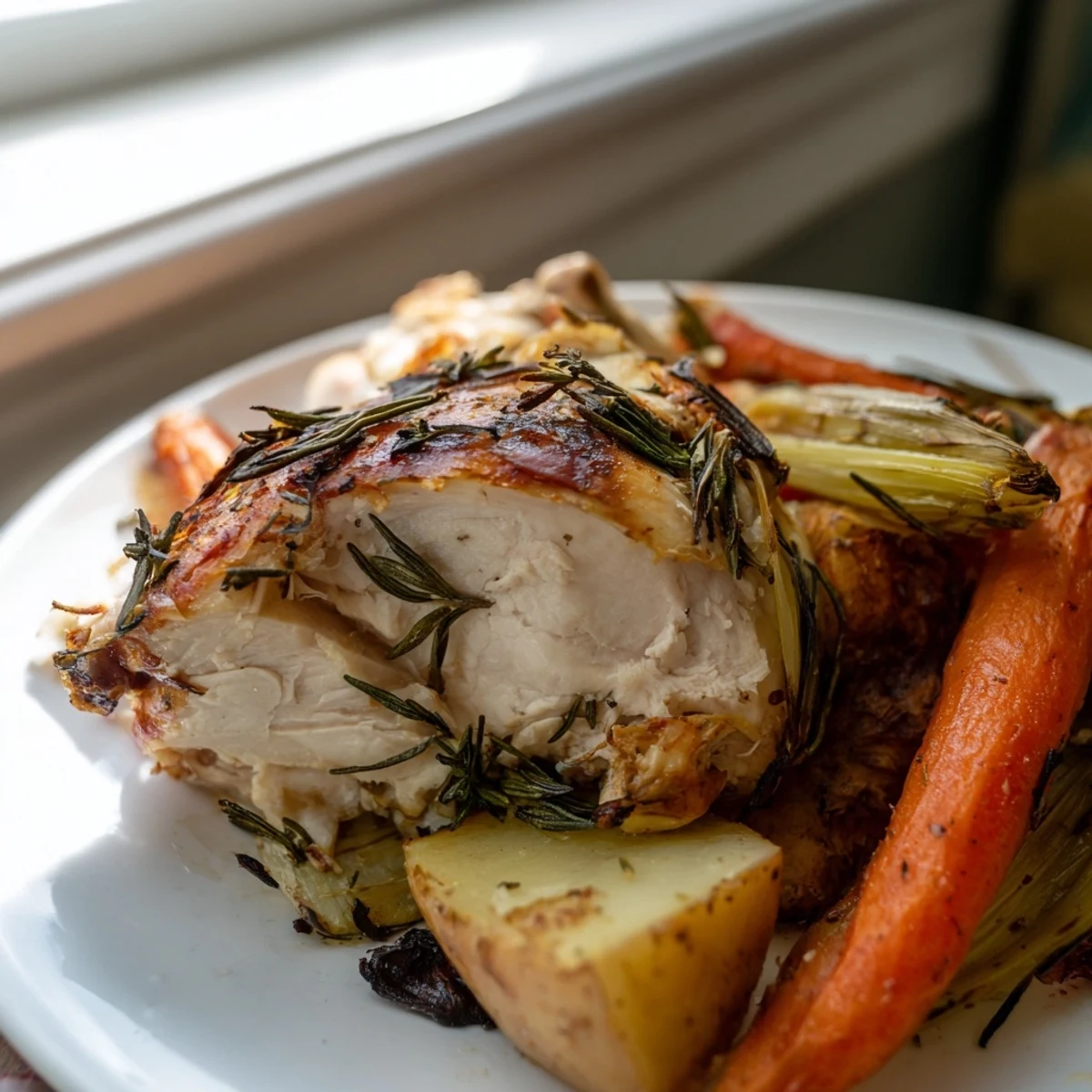 Juicy Roast Chicken with Rosemary and Garlic, glistening after roasting, served with flavorful pan juices.