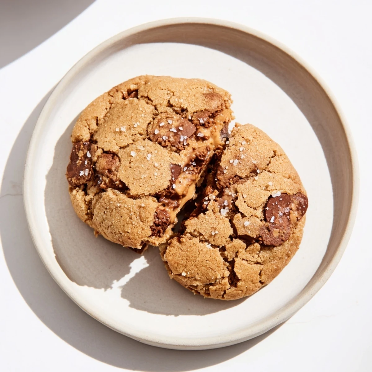Golden-brown peanut butter chocolate chip cookies fresh from the oven, ready to enjoy.