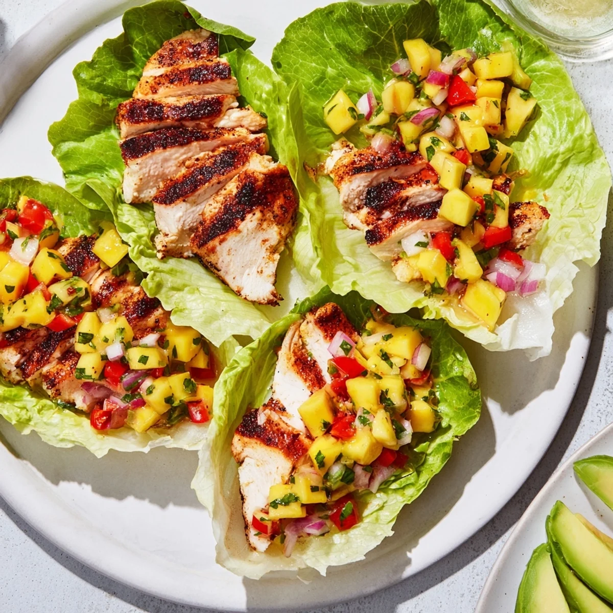 Grilled chicken and mango salsa lettuce wraps, a fresh and colorful, healthy meal for dinner.