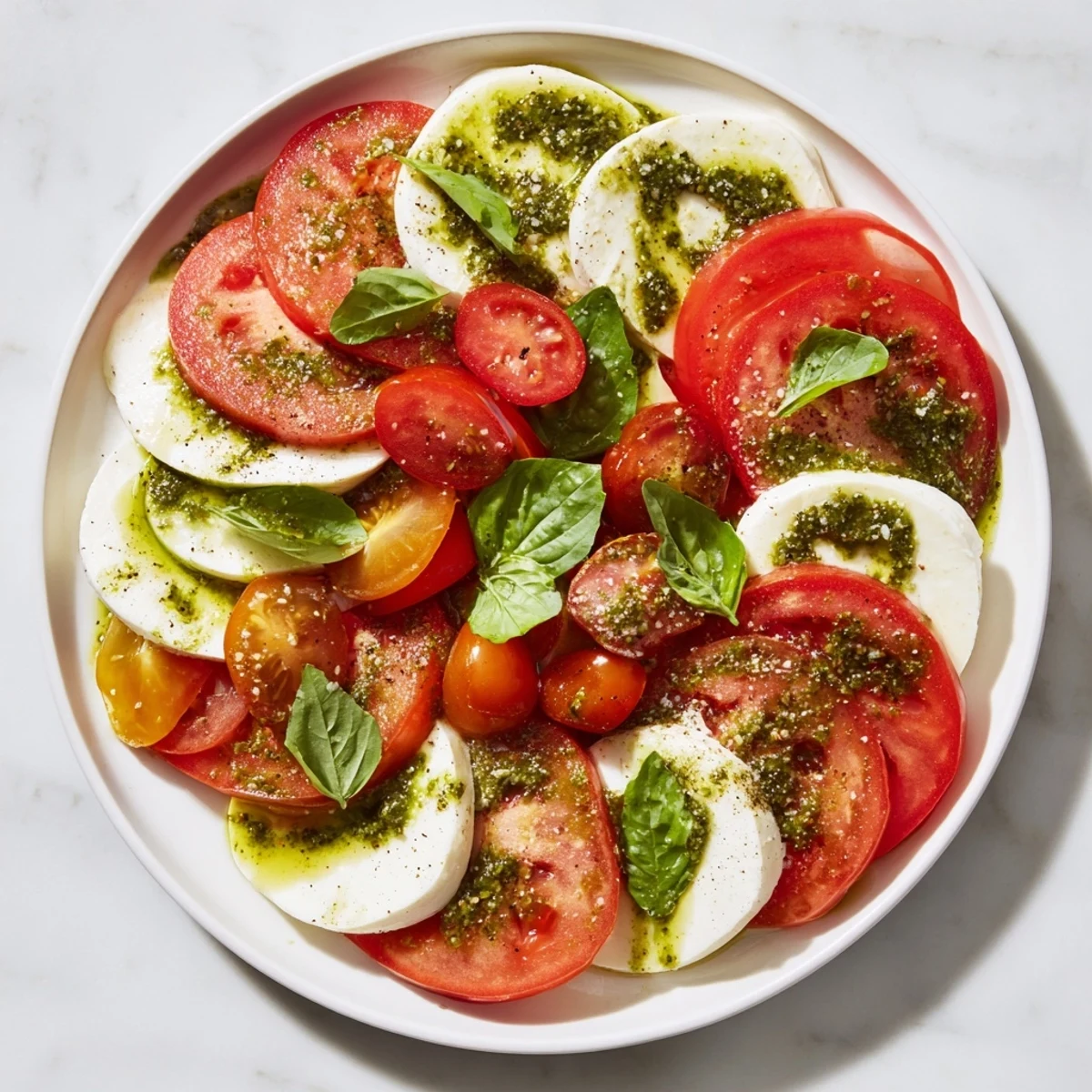 Caprese salad drizzled with basil vinaigrette; colorful tomatoes and creamy mozzarella look so refreshing.