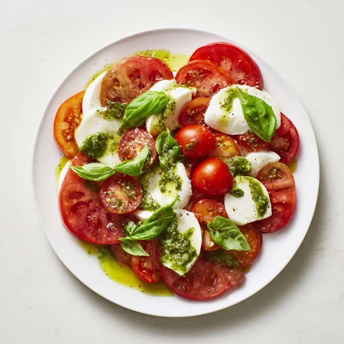 A beautiful close-up reveals layered Caprese salad, with vibrant basil and glistening balsamic in the dish.