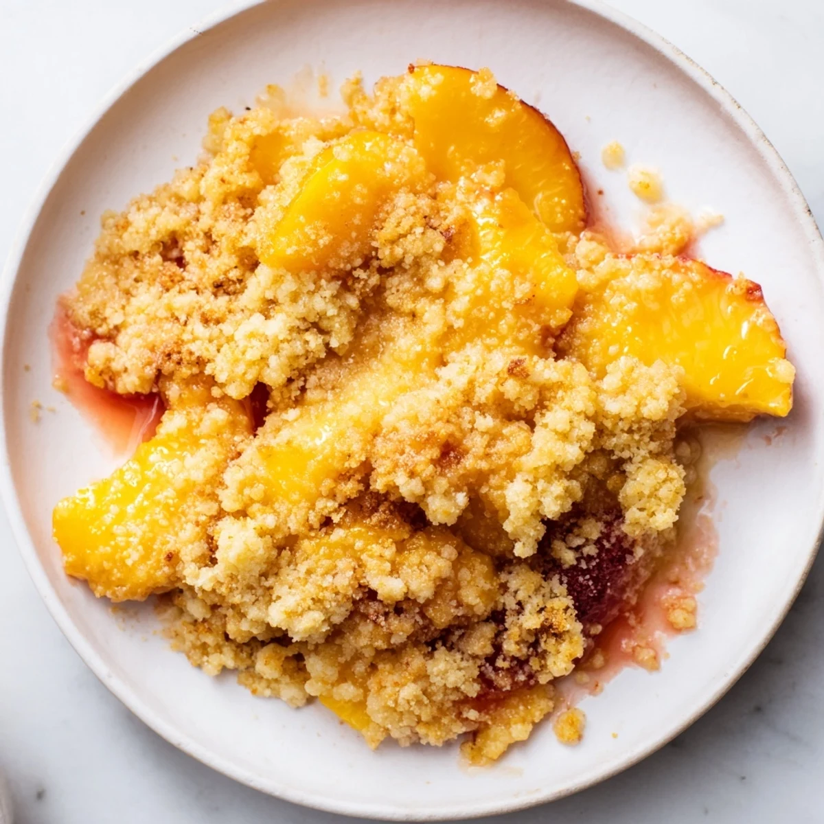 Golden, bubbling Peach and Ginger Crumble, a warm delight with sweet, spiced peaches.