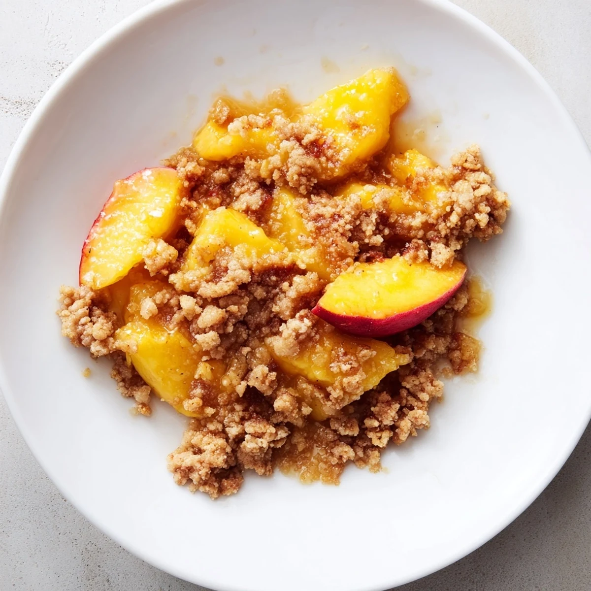 Buttery, crumbly topping crowns the spiced peach filling of this easy Peach and Ginger Crumble.