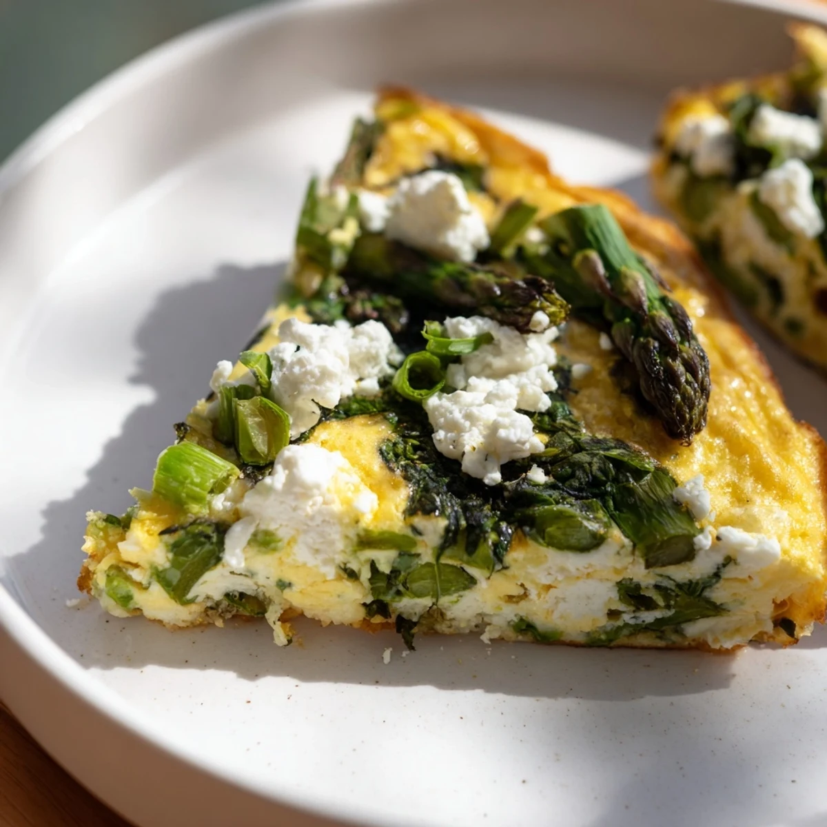 Golden, fluffy Frittata with Spring Greens and goat cheese, ready to serve, bursting with flavor.
