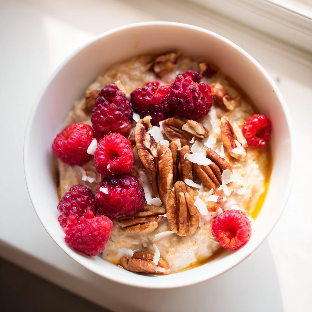 Golden honey drizzled on perfect Overnight Oats with Berries and Honey, a delicious breakfast.