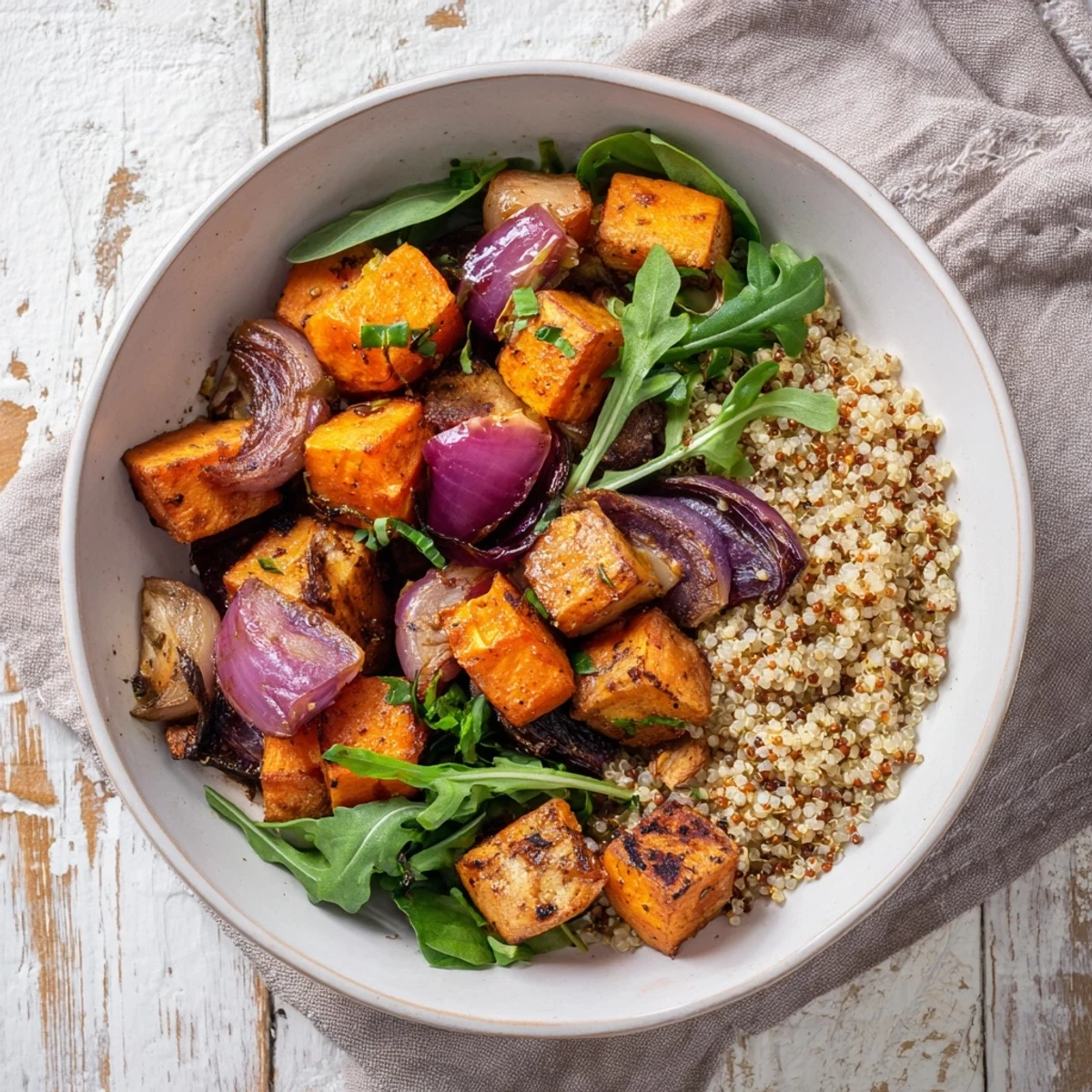 Warm Herb Bowl: Roasted root vegetables, golden and tender, are pictured with fluffy quinoa, creating a delicious meal.
