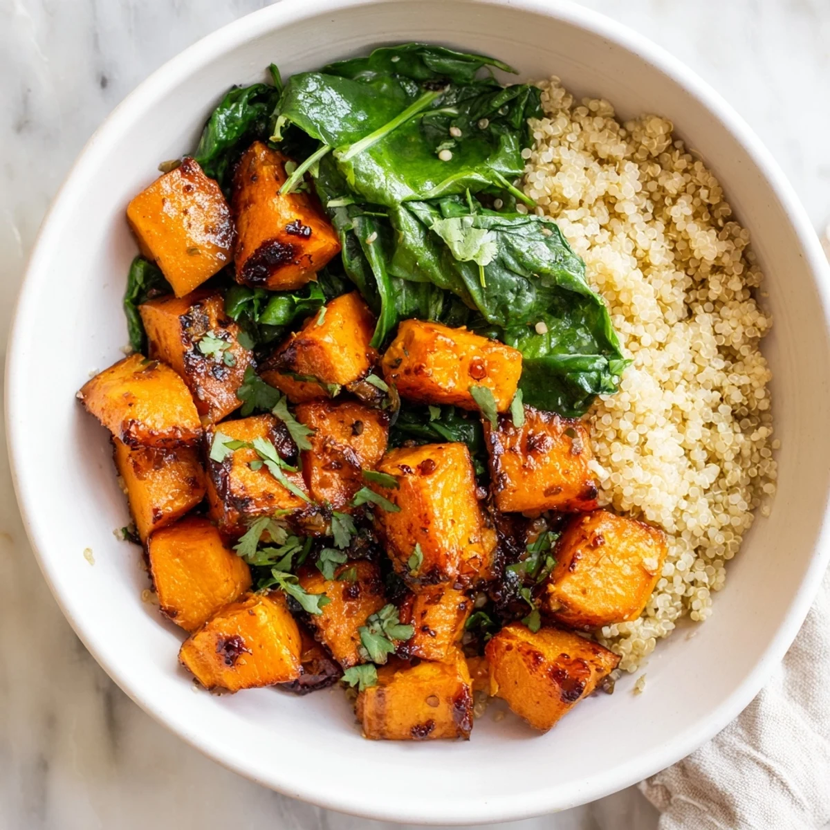 Hearty Warm Herb Bowl with colorful roasted vegetables is beautifully garnished with fresh herbs and seeds.