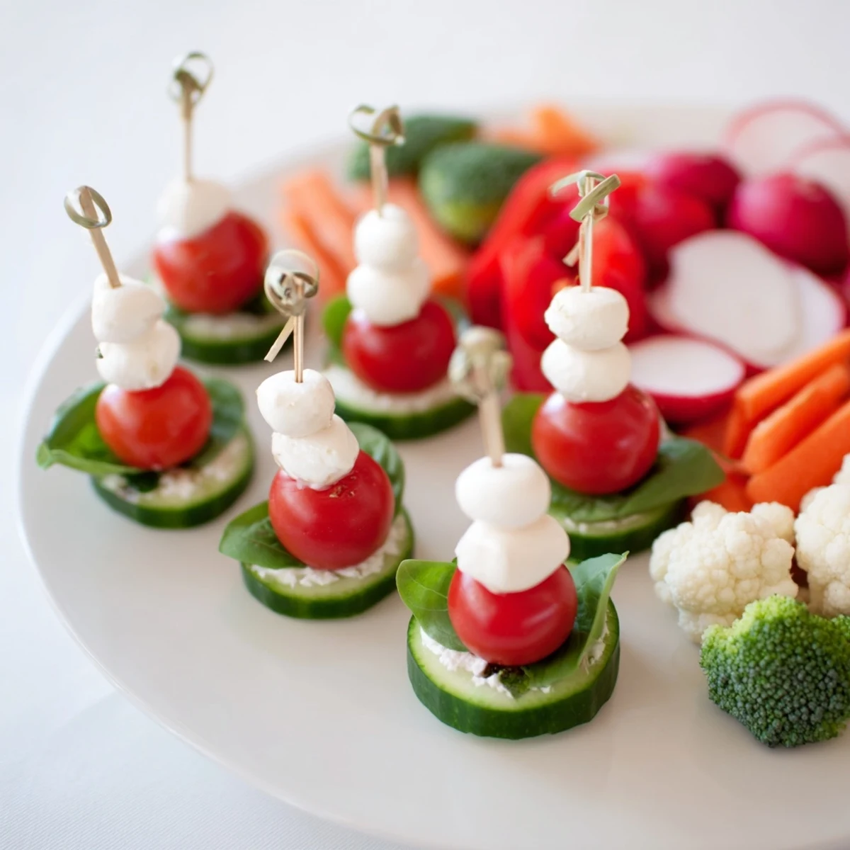 Vibrant arrangement of Savory Crudités: Veggie Santa Hat Dip Platter with colorful vegetables and creamy dip.