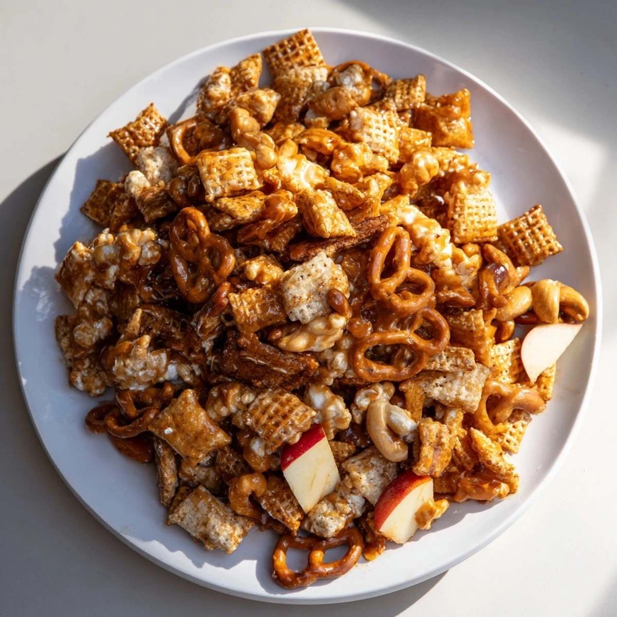 Golden brown Party Mix clusters, coated in sparkling cider glaze, ready for snacking!