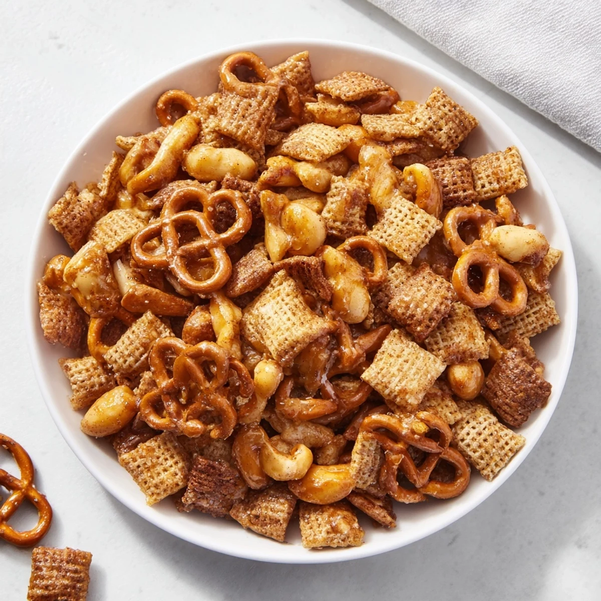 Close-up of toasted Party Mix with apple chips; delicious spiced snack served in a bowl!