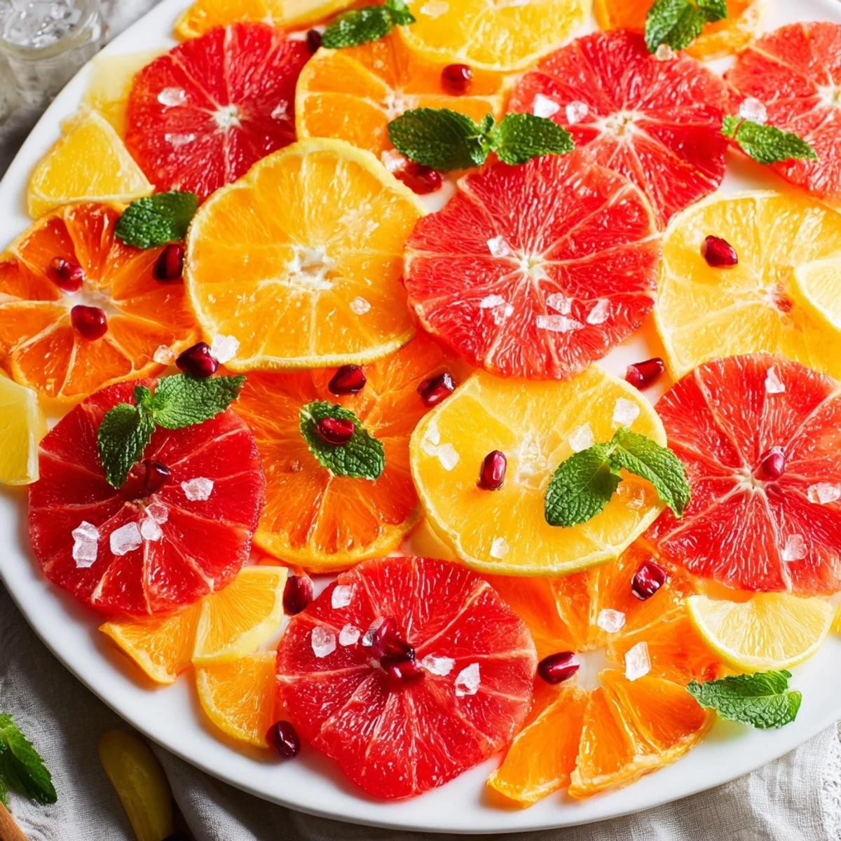 A beautifully arranged Fruit Board display, showcasing thin, colorful citrus slices and fresh mint leaves.