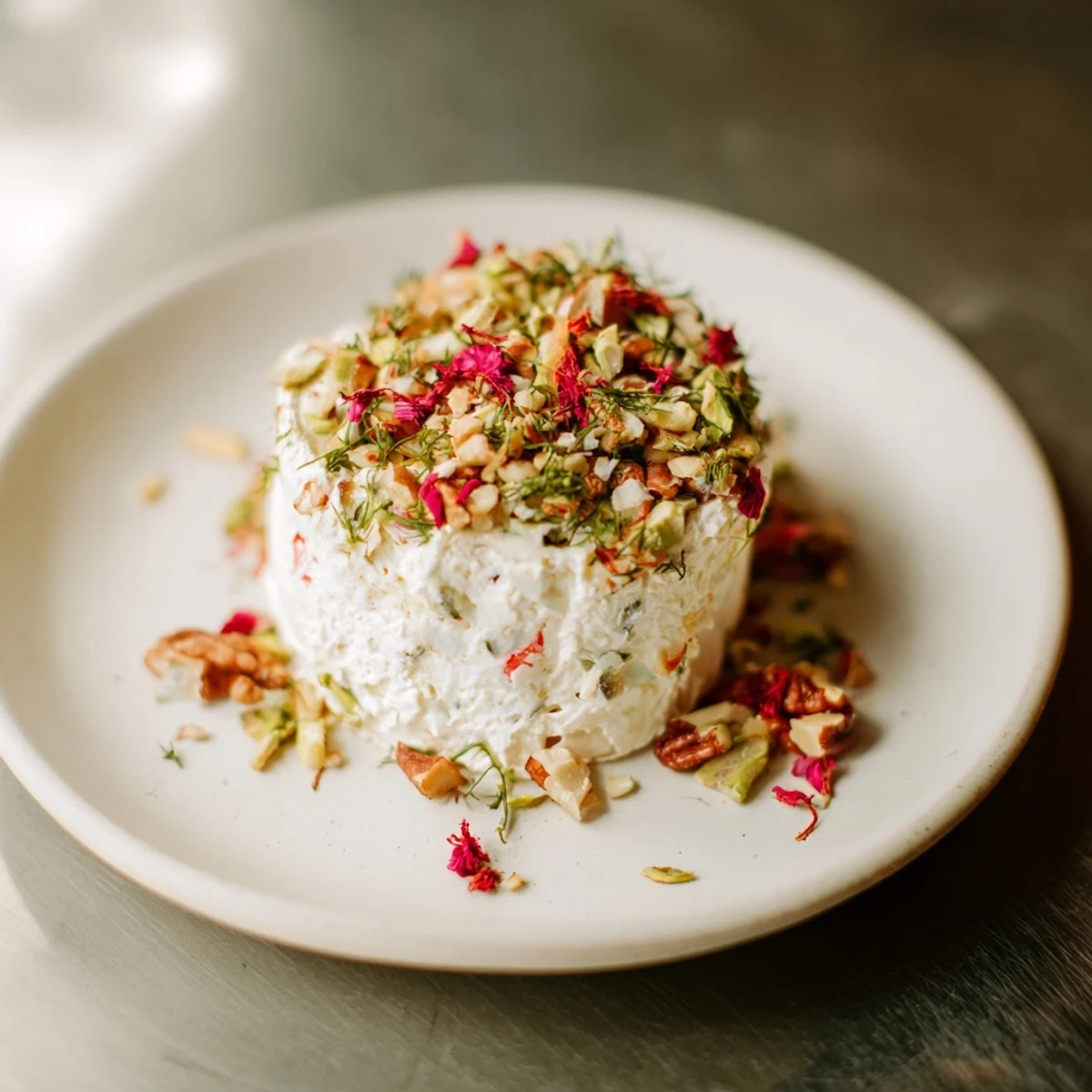 Winter Snowdrift Goat Cheese Log, a festive appetizer coated in herbs, nuts, and cranberries, ready to serve.