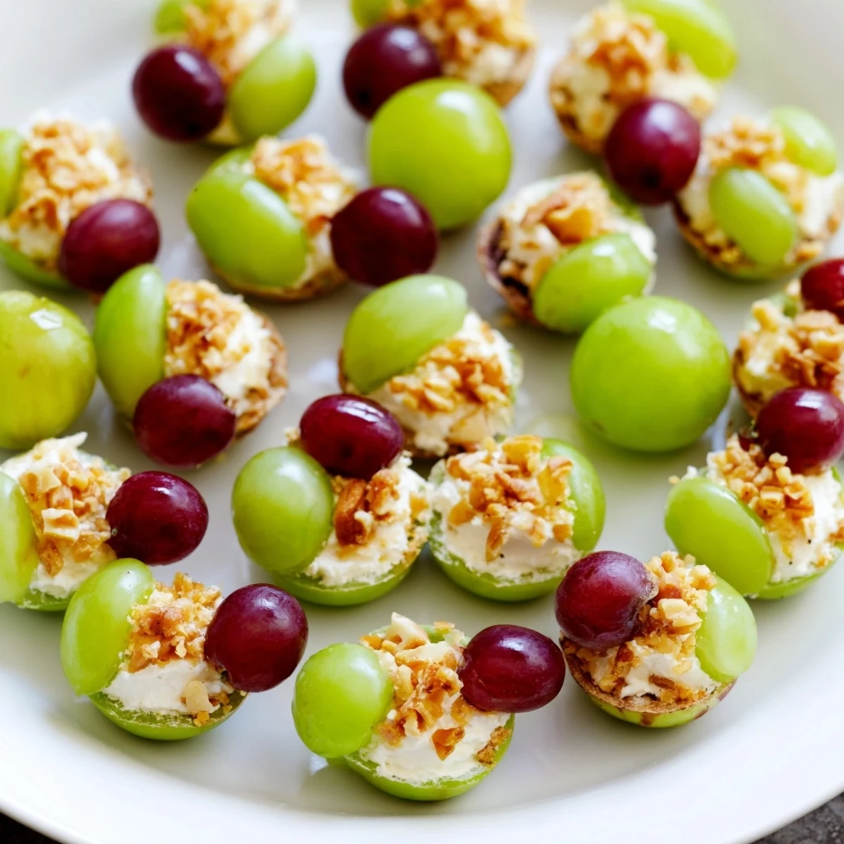 Juicy Sparkling Grape Cluster Appetizer grapes shimmer with cream cheese and toasted pecans arranged on a platter.