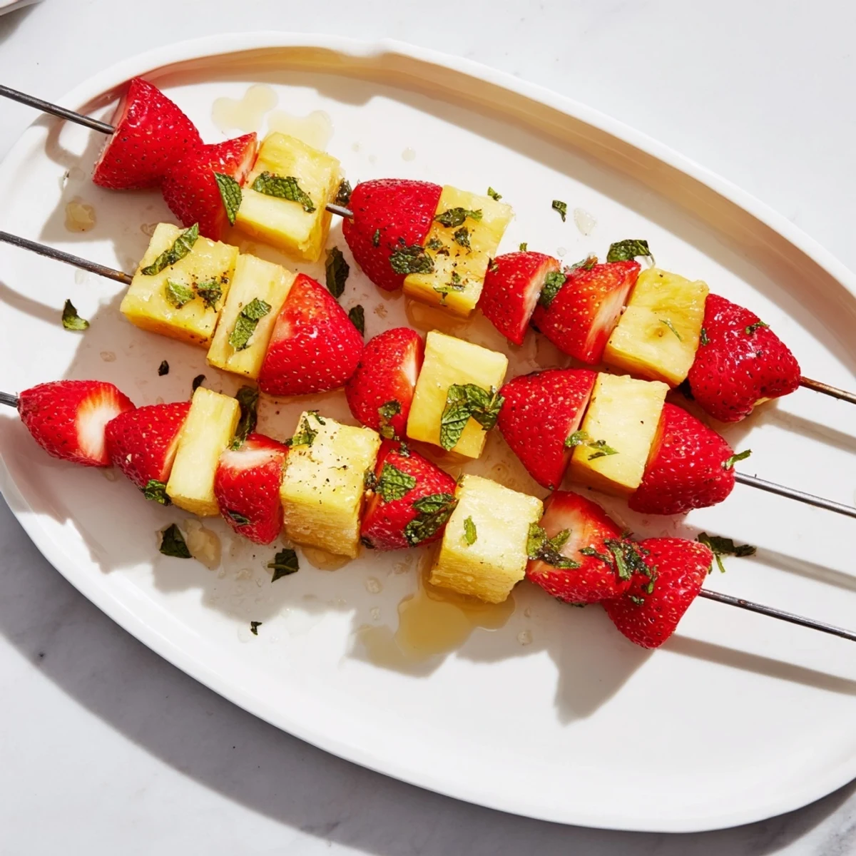 Bright and colorful fruit skewers with pineapple and strawberries, a refreshing summer snack, ready to eat.