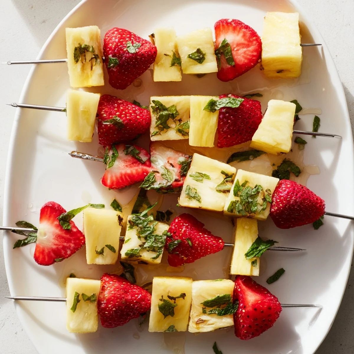 Sweet strawberries and juicy pineapple arranged on skewers, perfect for making these easy fruit skewers.