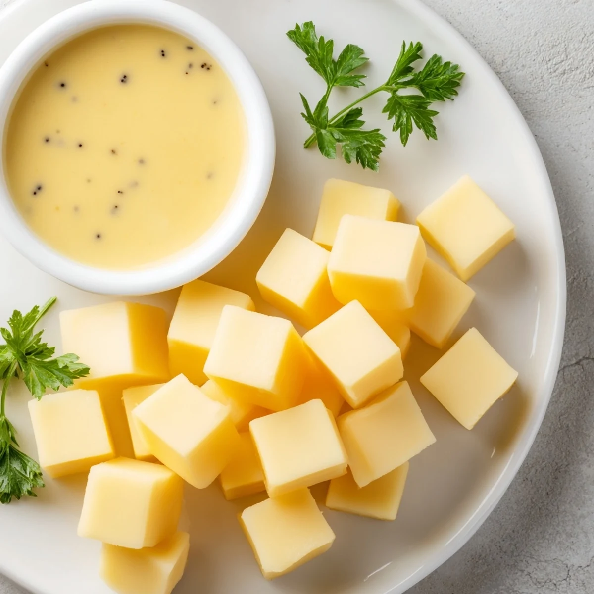 Gouda cheese cubes glistening beside a vibrant bowl of golden mustard dip for your cheese platter.