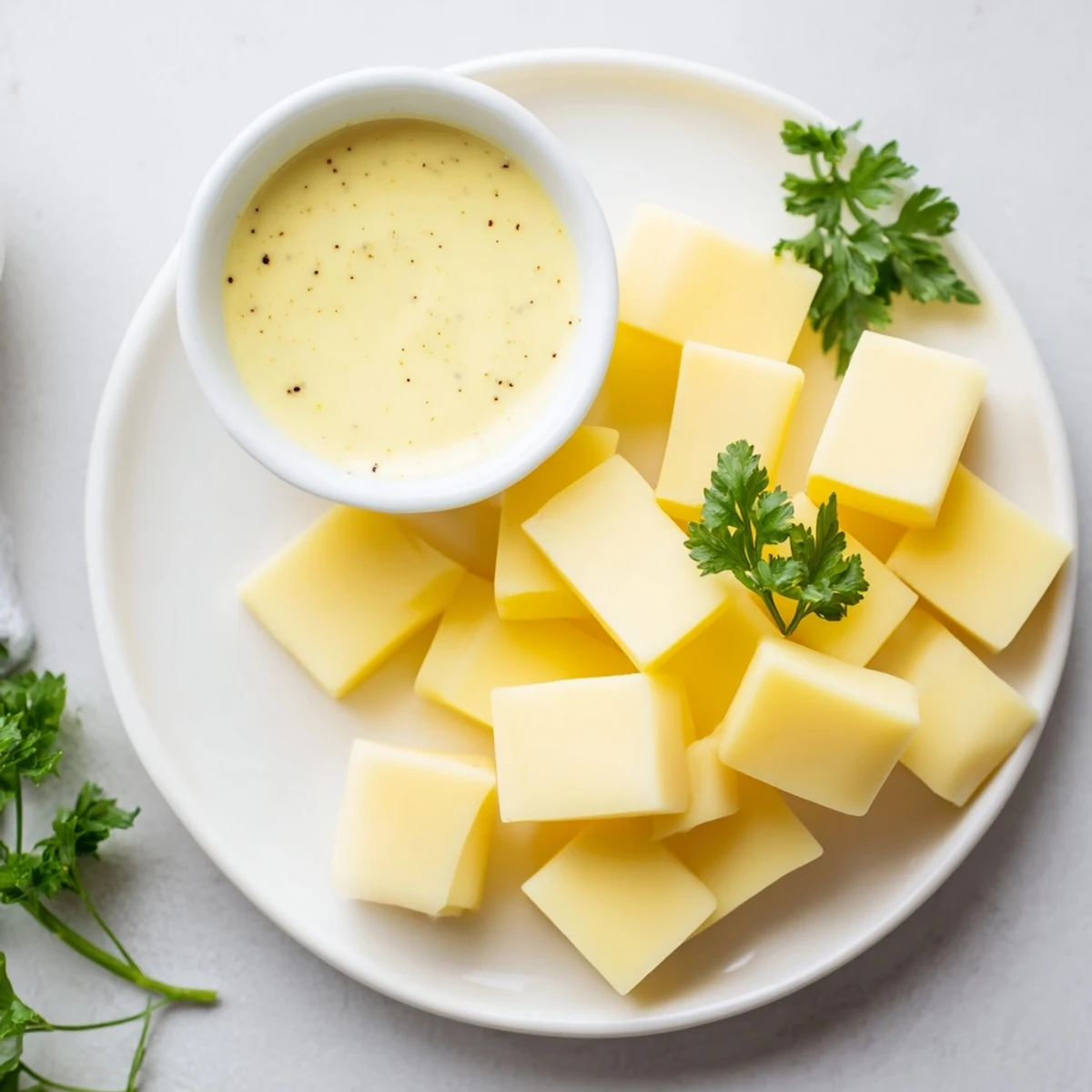 This cheese platter presents creamy Gouda with an inviting mustard dip, ready for a delightful appetizer.