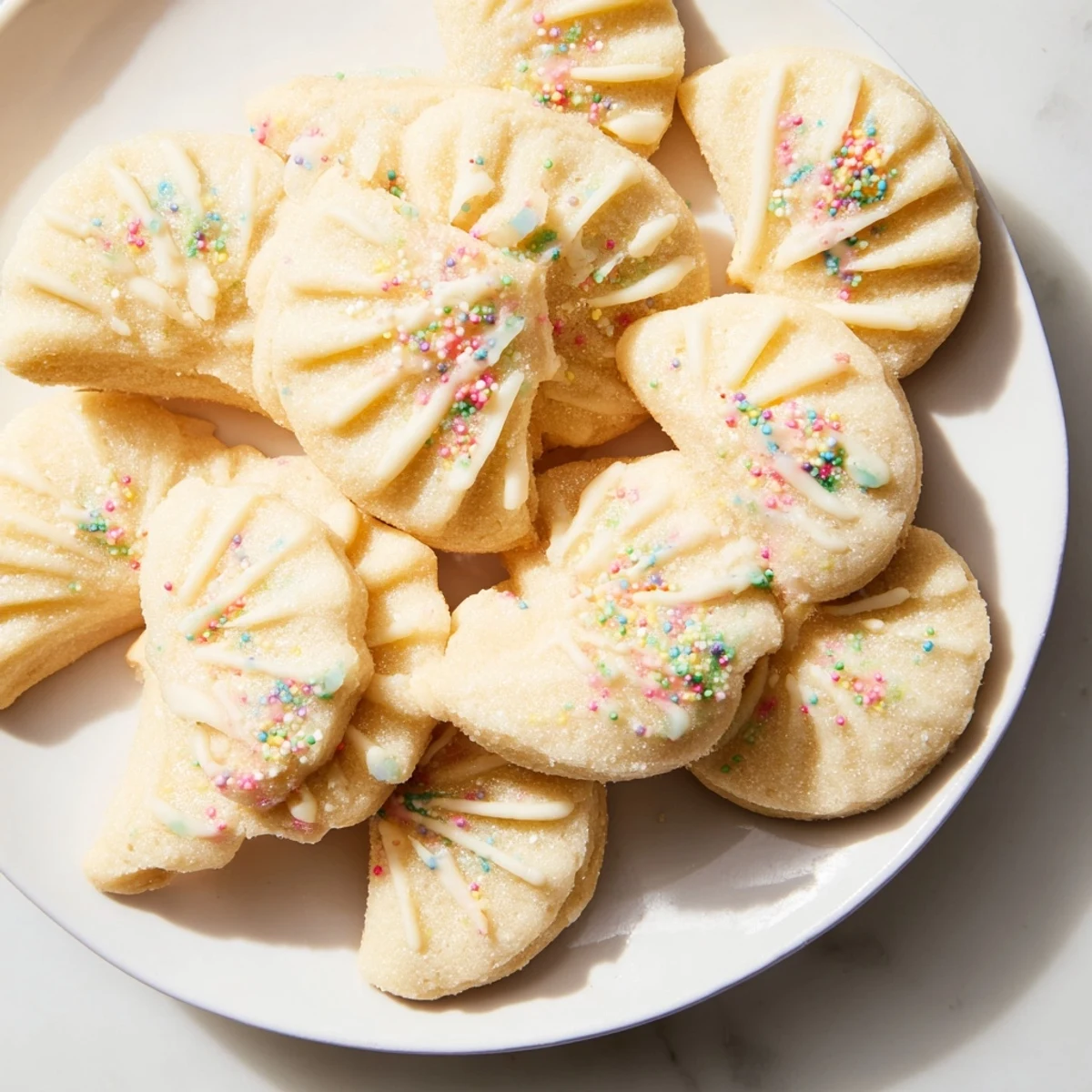 Buttery, festive Spritz Cookies in a layered fan formation, showing off the perfectly baked edges of the cookies.