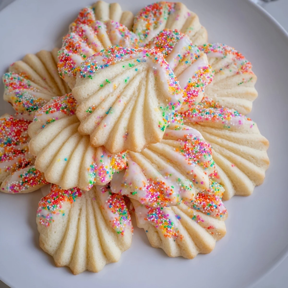 A close-up of beautifully decorated spritz cookies, presented as an elegant, layered fan, perfect for gifting.