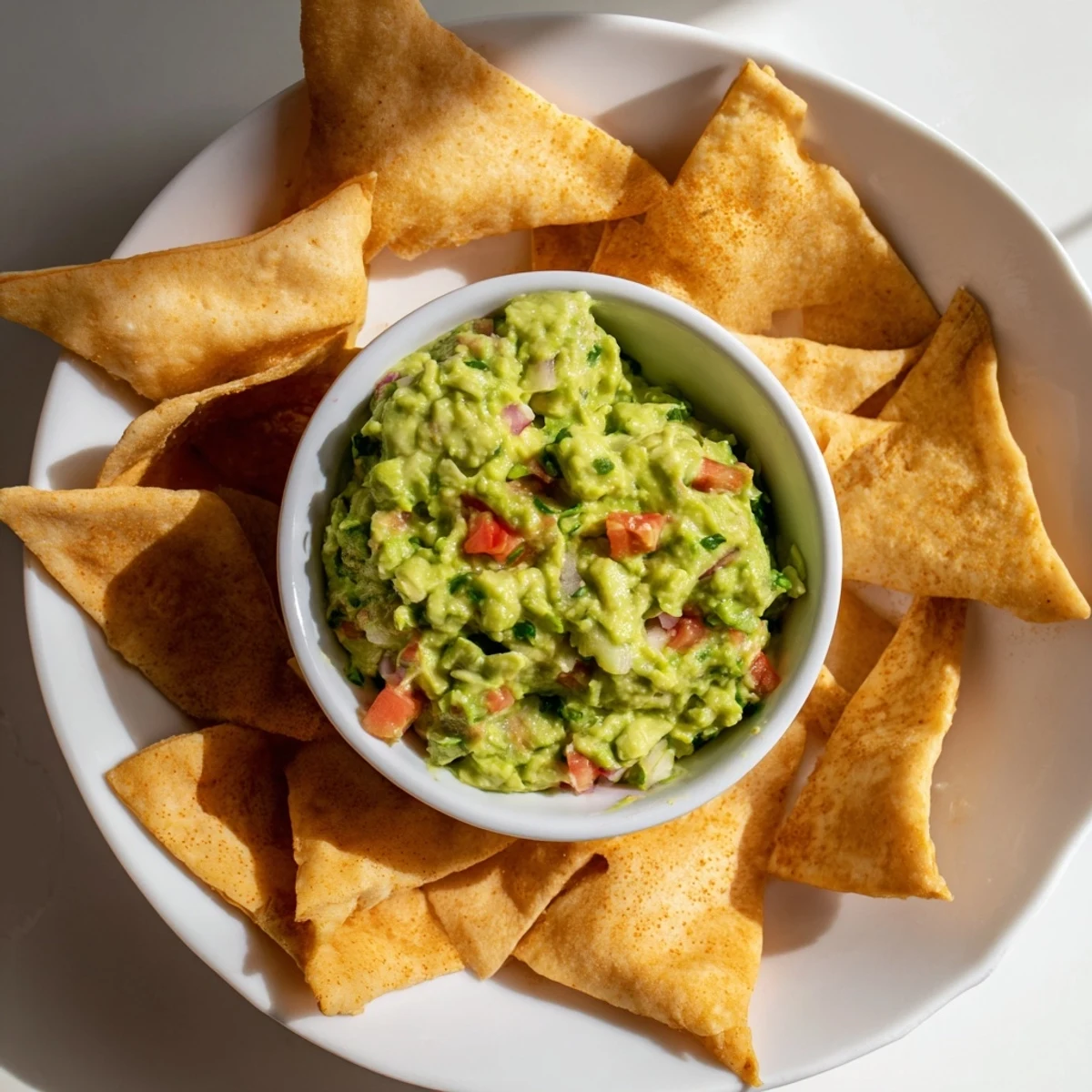 Golden, crispy pita chips surround a vibrant bowl of fresh guacamole in this delicious snack.