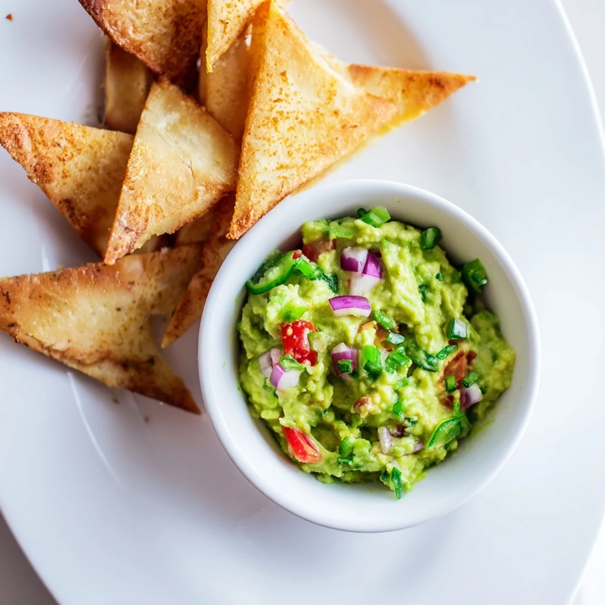 Enjoy homemade pita chips and guacamole: a photo showcasing perfectly-baked pita triangles ready to dip.