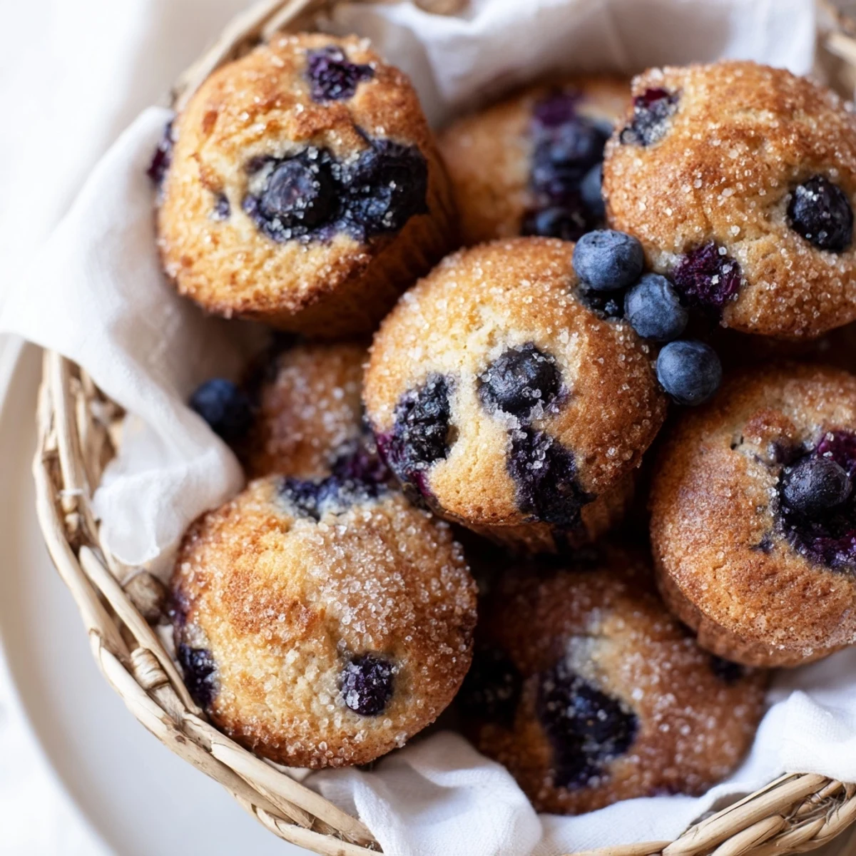Mini blueberry muffins in a basket, warm and bursting with juicy blueberries, ready for brunch.
