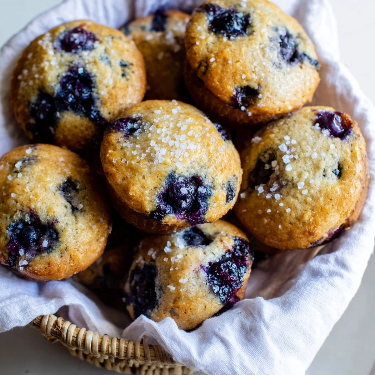 Fluffy mini blueberry muffins, arranged in a woven basket, perfect for a cozy afternoon snack.