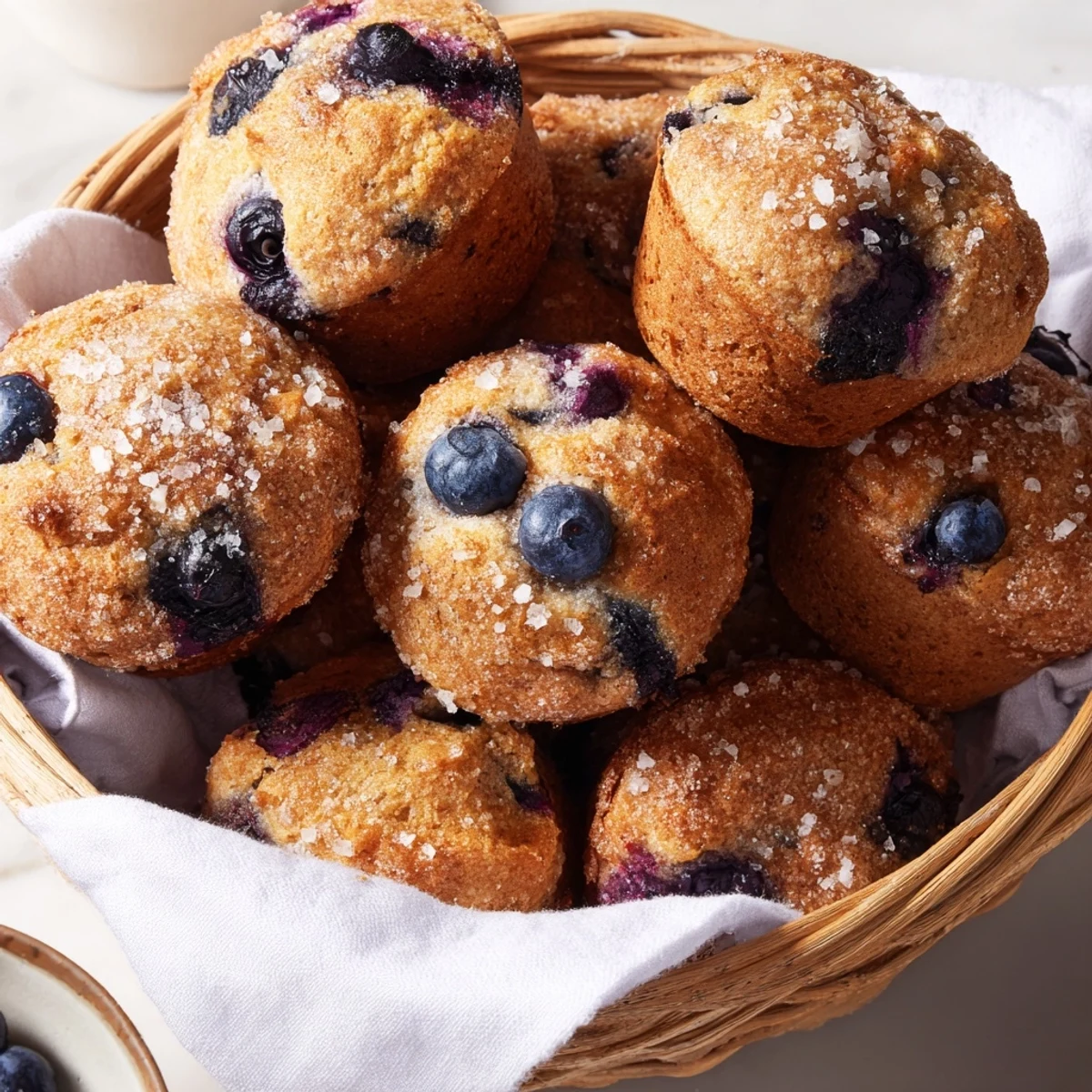 Golden, baked mini blueberry muffins, fresh from the oven and displayed beautifully in a serving basket.